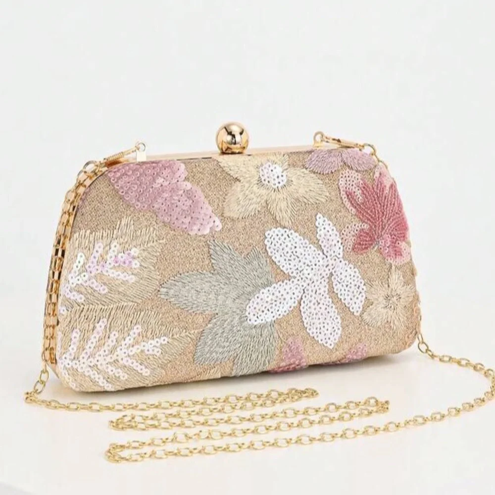 Embroidered Floral Sequin Clutch - Pink & Gold